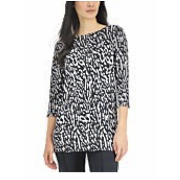 Alfani Tops Blouses Tunic Women's Size PS Printed Black Boat Neck (day and night - Picture 1 of 7